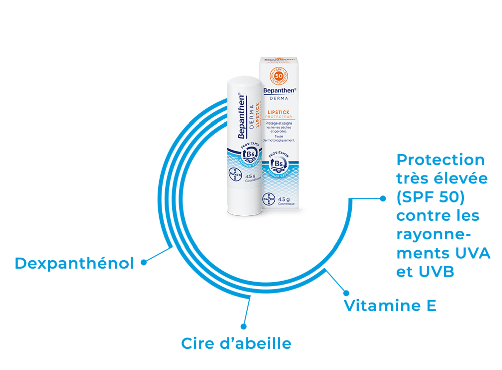Bepanthen® DERMA Lipstick Protecteur contient les ingrédients suivants: dexpanthénol, cire d’abeille, vitamine E