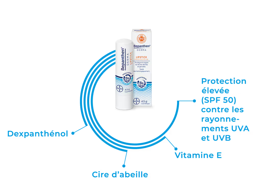 Bepanthen® DERMA Lipstick Protecteur contient les ingrédients suivants: dexpanthénol, cire d’abeille, vitamine E